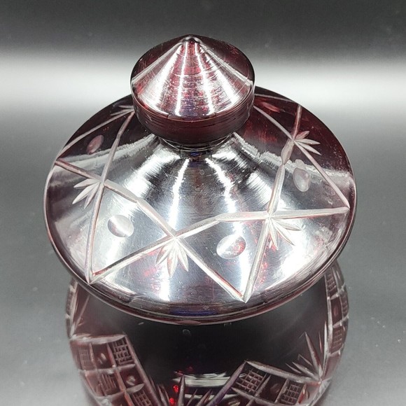 Vintage Bohemian Czech Ruby Red Cut to Clear Glass Canister Jar with Lid 9" tall - Picture 3 of 11